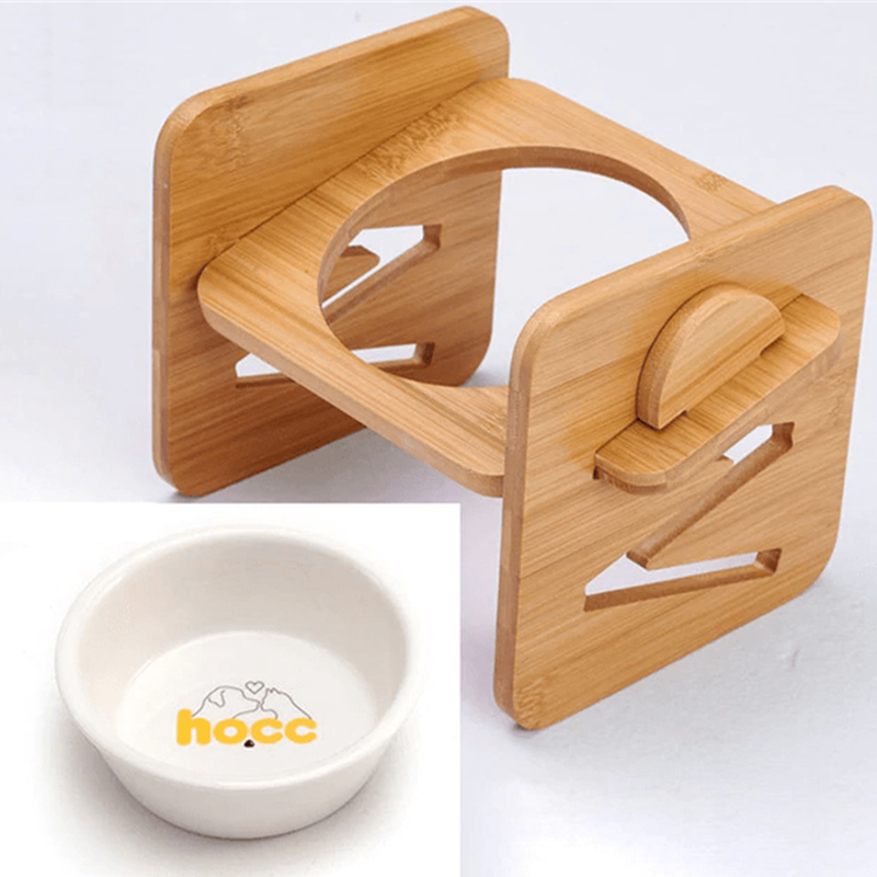 Protect Cervical Spine Easy Cleaning Ceramic Pet Feeder with Adjustable Bamboo Stand