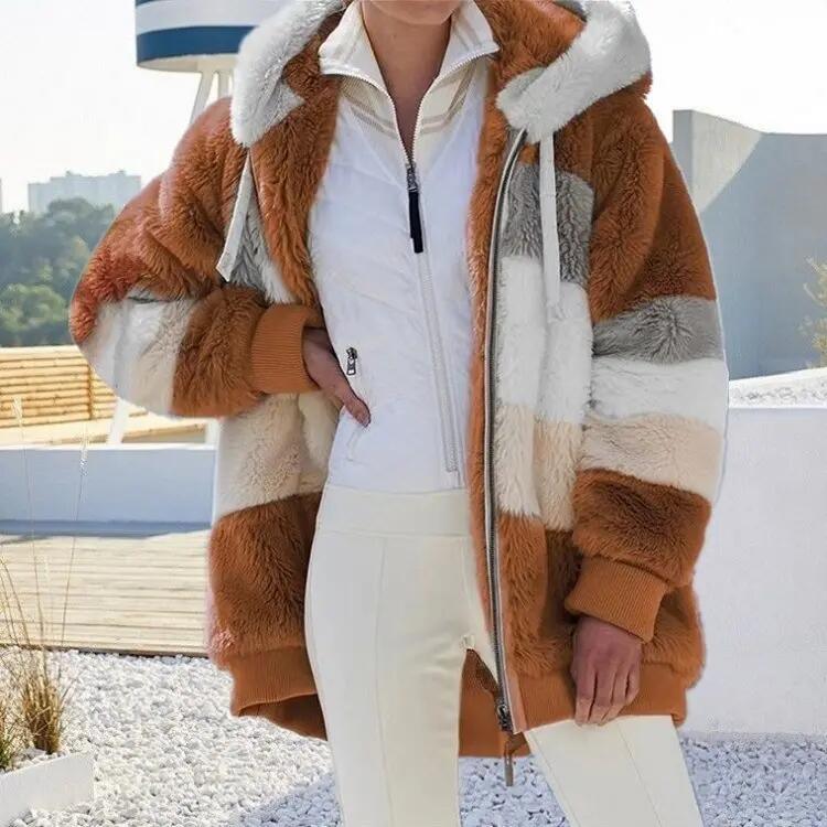 Winter Warm Women′s Jacket Plush Patchwork Zipper Women′s Coats Casual Hooded Loose Jacket for Women