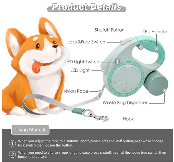 Wrist Retractable Large Dog Leash Adjustable Lead Extending Outdoor Running