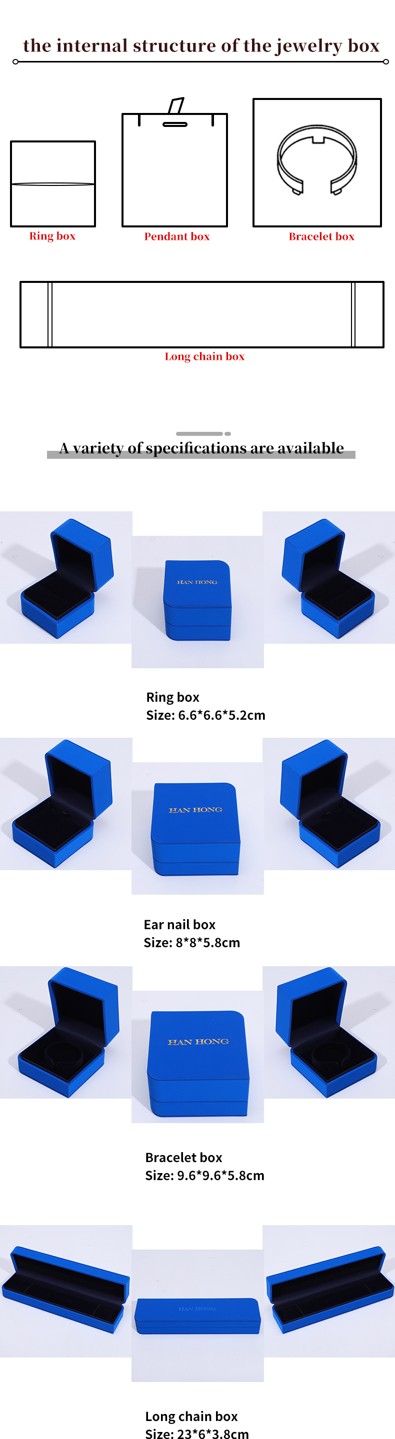Rectangle Blue Leather Jewelry Box for Customized Size Earrings Bracelet Necklace Ring