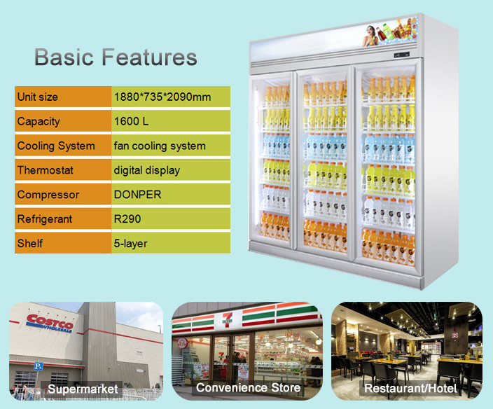 1000L Supermarket Upright Commercial Chiller For Cold Drink Display Refrigerator
