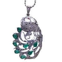 Buy cheap Vintage Thai Sterling Silver Green Agate with Marcasite Peafowl Pendant Necklace product