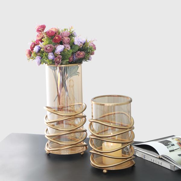 Buy cheap Table wedding centerpieces decorative glass flower vase with metal holder base glass cylinder vase from wholesalers