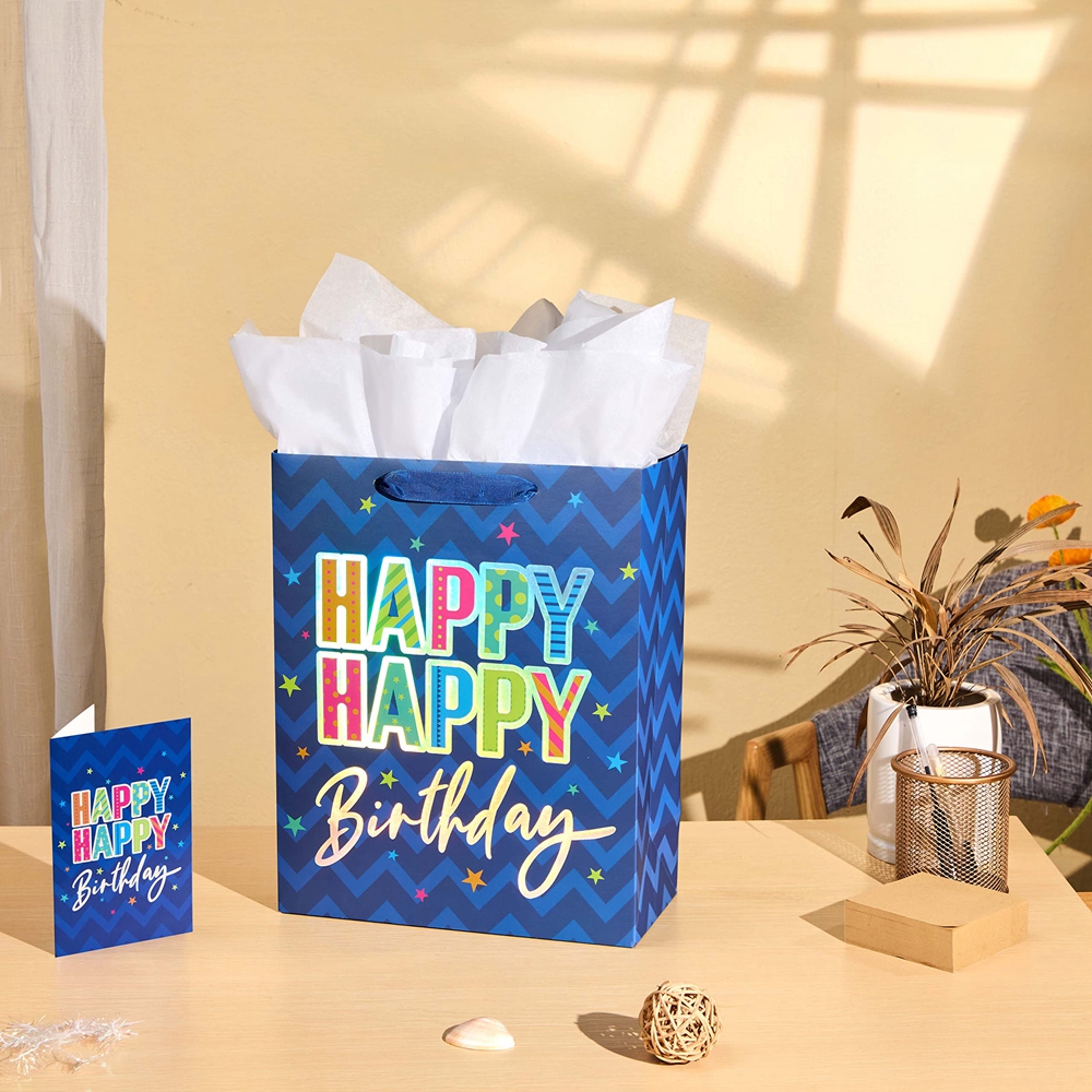 Customized Logo Handmade Blue Shopping Tote Art Gift Paper Bags for Birthday Party