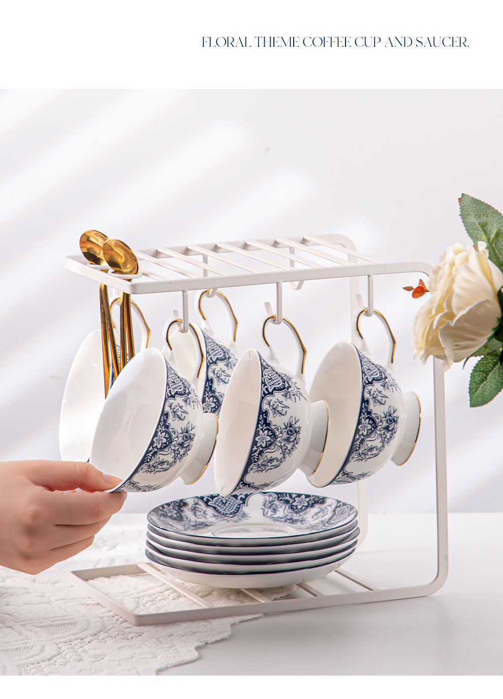 Stunning Blue And White Porcelain Tea Cup And Saucers 200ml Volume For Business Gifts