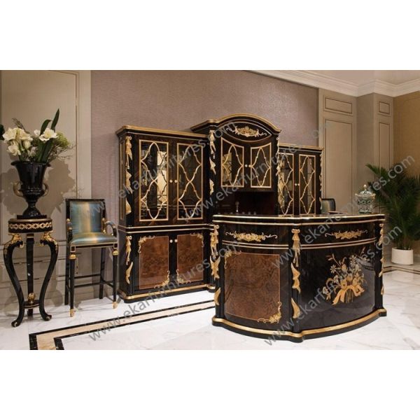 French Vitrine Carved Front Oval China Cabinet With Drawer Black Gold Lacquer TP-029