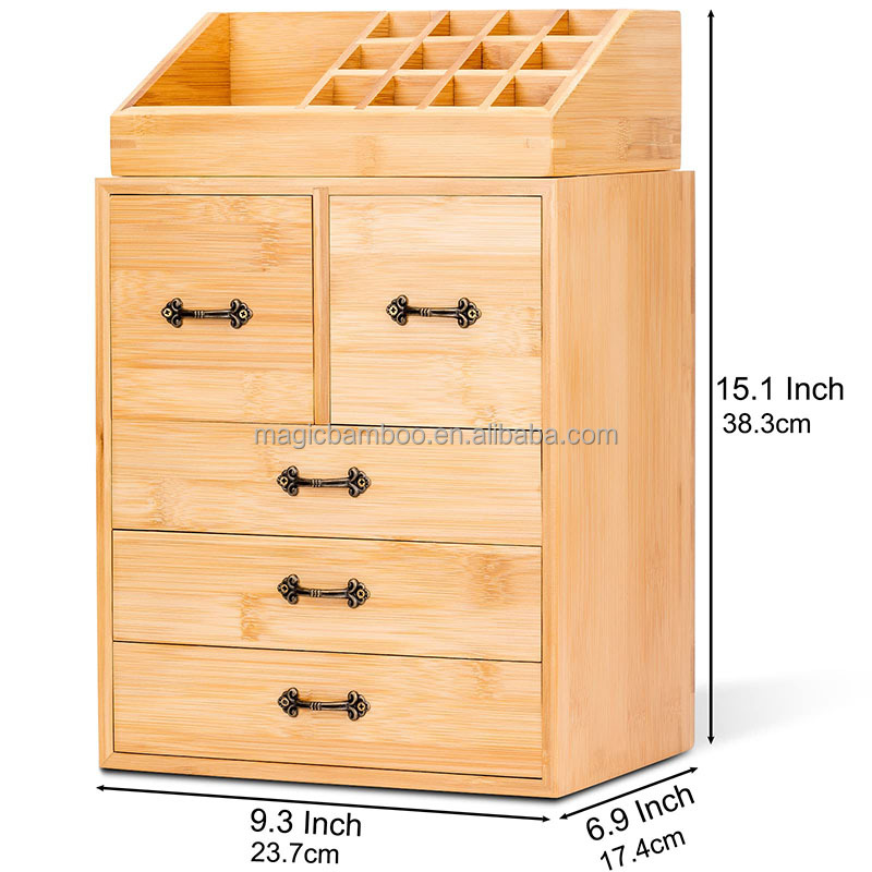 Countertop Bamboo Wooden Makeup And Jewelry Drawer Organizer Box