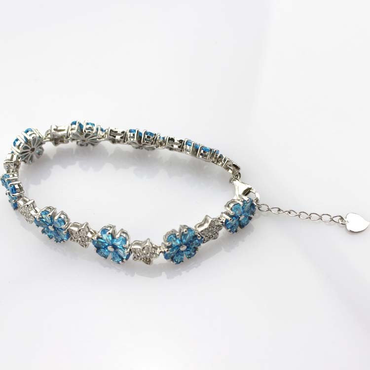 Sterling Silver Link Flower Blue Topaz Cubic Zircon Tennis Bracelet(B01BLUE)