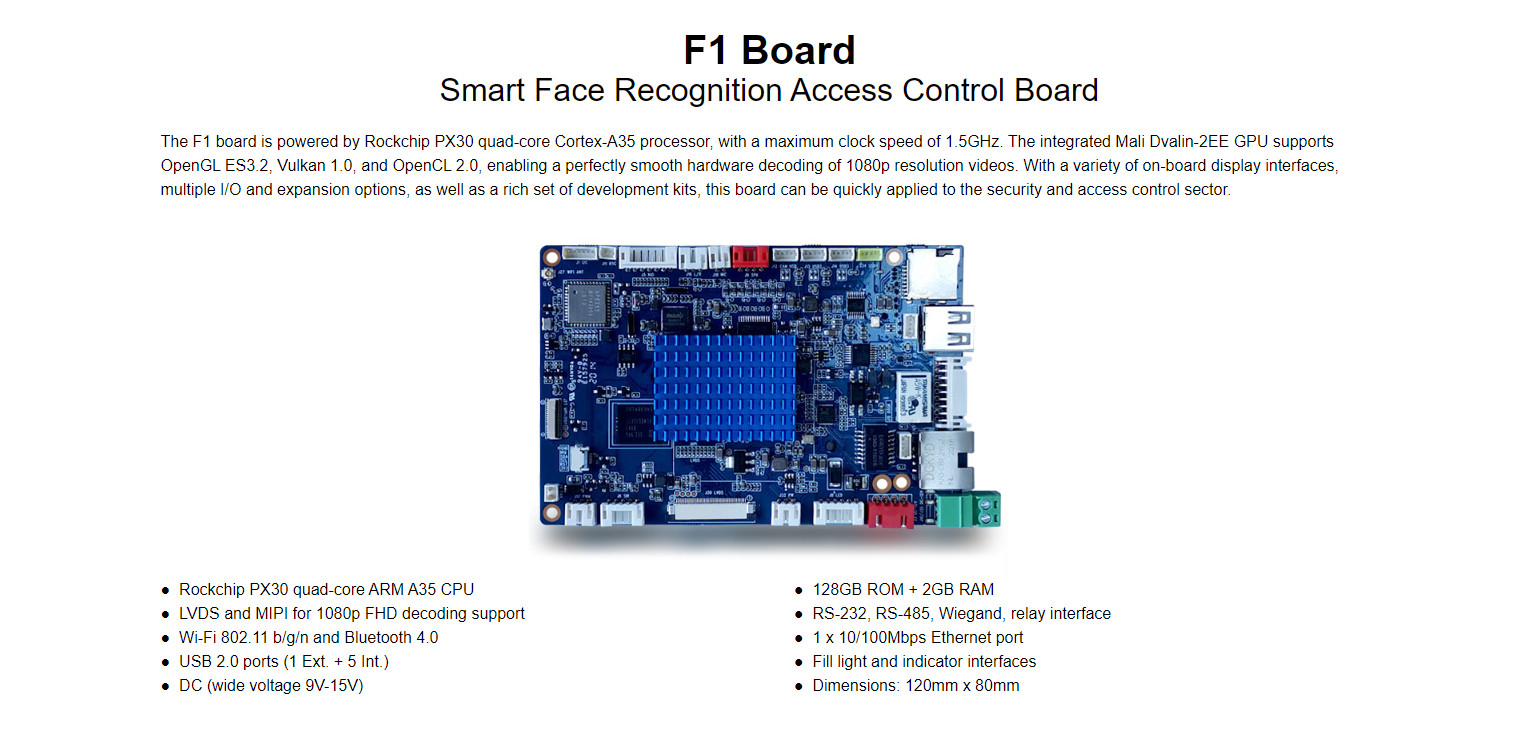Face Recognition Access Control F1 Board Powered by Rockchip PX30 USB 2.0 ports