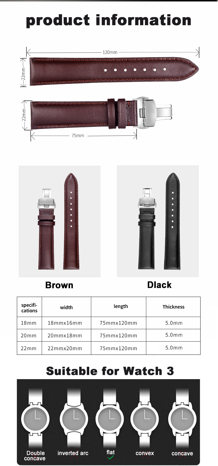 2 Piece 20mm Genuine Cow Leather Watch Strap Bands