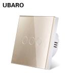 EU/UK Standard 3Gang 1Way Wall Light Touch Switch Gold Tempered Glass Panel