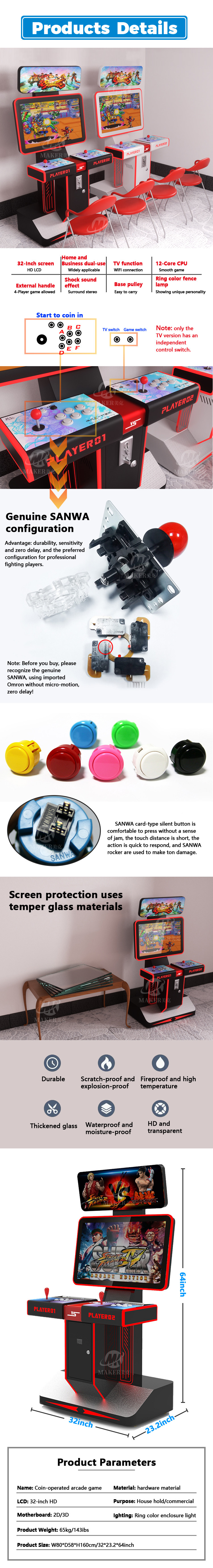 1080p Screen Cabinet Arcade Game Machine Coin Mechanism
