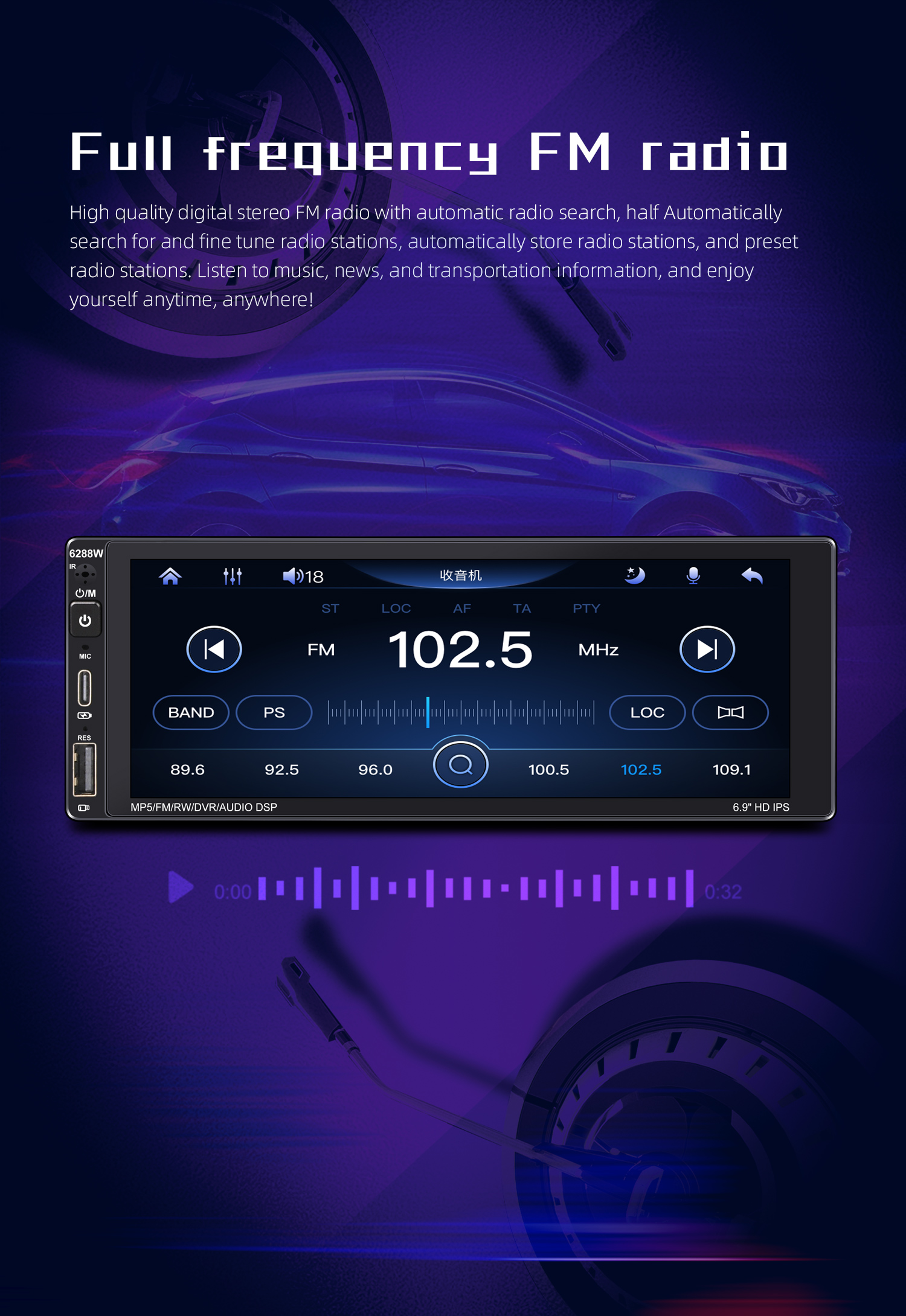 Universal 6.9 Inch Car Radio Stereo WIFI BT FM DVR DSP GPS Navigation