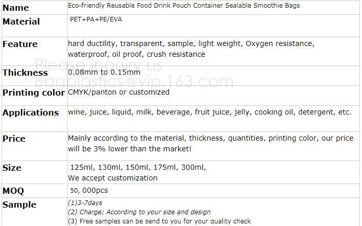 Custom Printing Logo High quality Eco-friendly Reusable Soft drink bag with spout,stand up spout pouch doypack aluminum