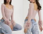 Custom Clothing Women'S Square Neck Long Sleeve Slim Short Top WITH Boning