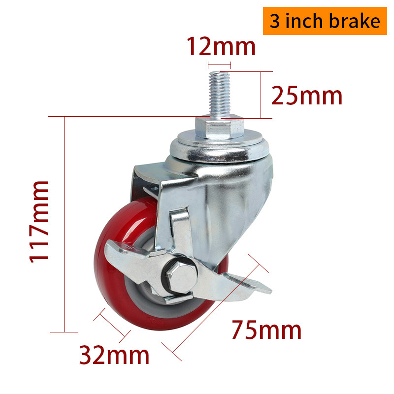EDL Medium Duty 3inch 150kg Red TPU Threaded Caster by Swivel and Brake type 503S-86