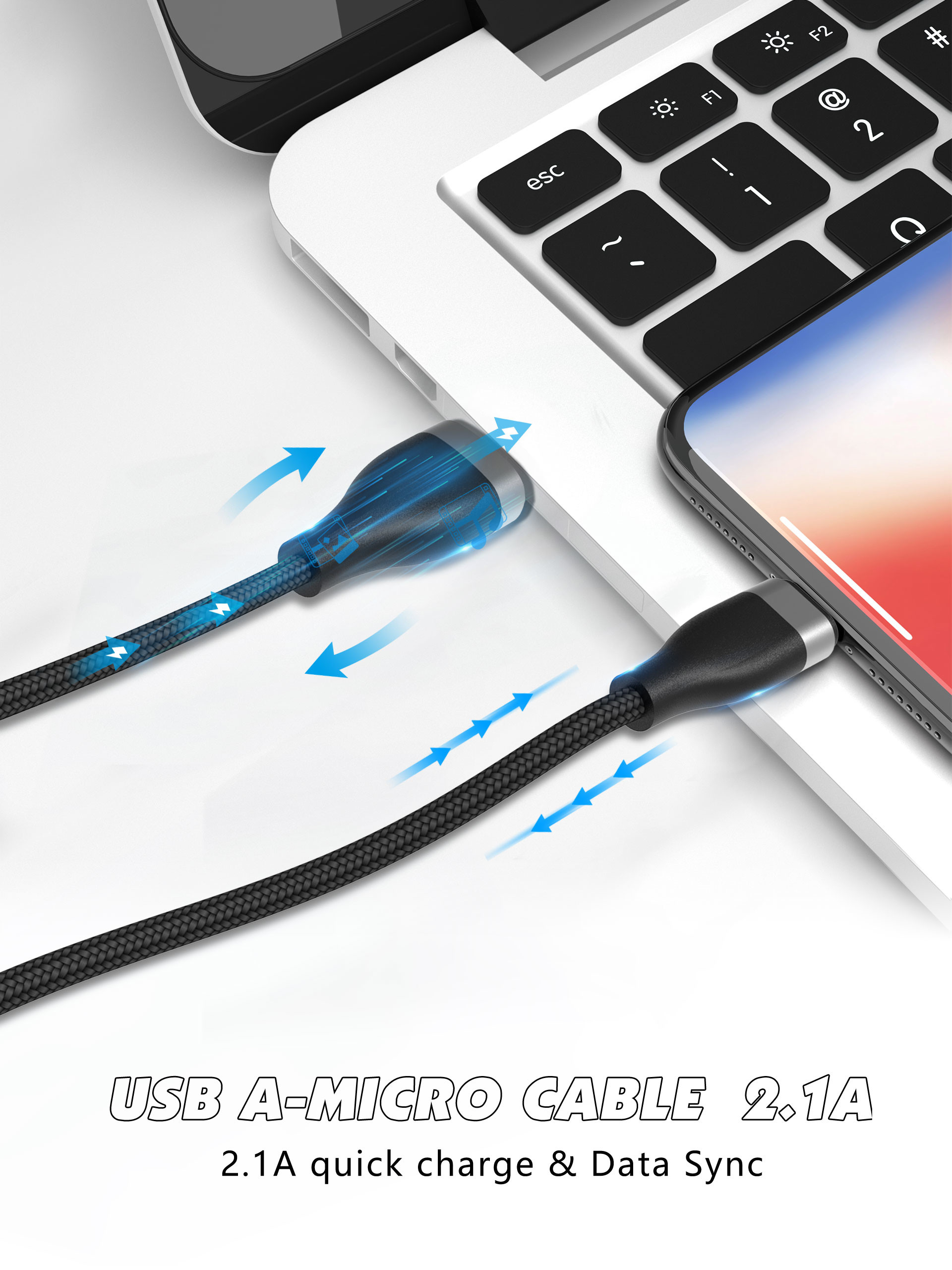 Nylon 3.3FT Black 480Mbps Micro Data USB Cable For Mobile Phone