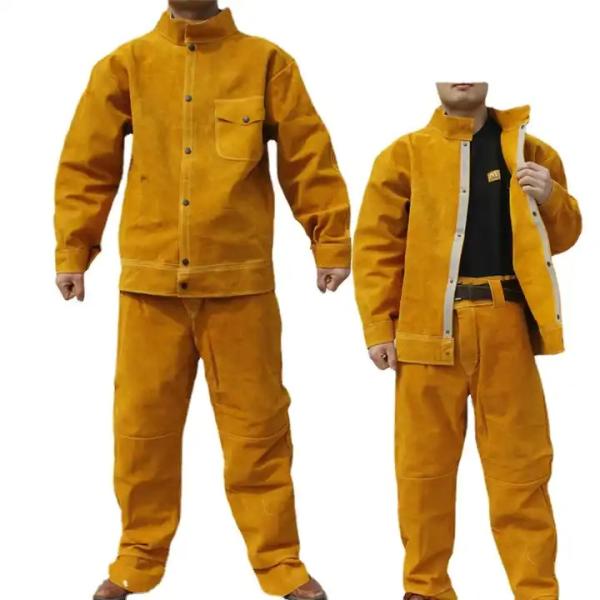 Buy cheap Real Cow Leather Mens Heat Proof Electric Welding Workwear Workshop Uniforms Electrician Coveralls Coat Pants Protective from wholesalers