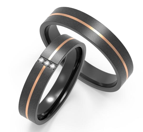Buy cheap Polished Black Titanium Zirconium Couple Ring With Cubic Zirconia Two Tones IP Rose Gold from wholesalers