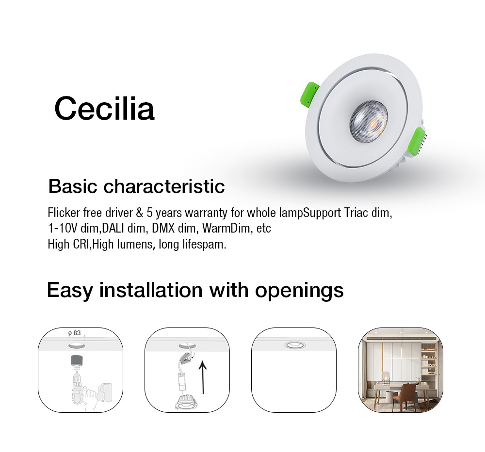 Cutout 83mm Warm Dimming LED Downlight COB IP54 220-240V 12W