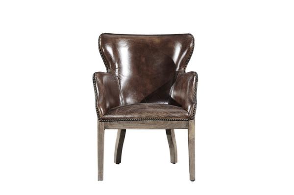 Buy cheap Vintage Cigar High Back Leather Armchair Solid Wood Linen Back Exposed Frame from wholesalers