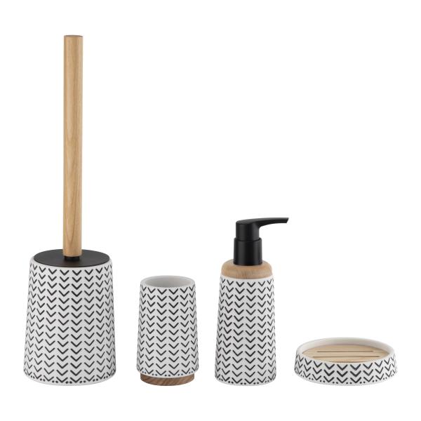 Buy cheap White Polyresin Bathroom Countertop Accessories Round Taper Shape With Wood Part Toilet Accessories Set Toilet Brushes Hand Wash Dispenser from wholesalers