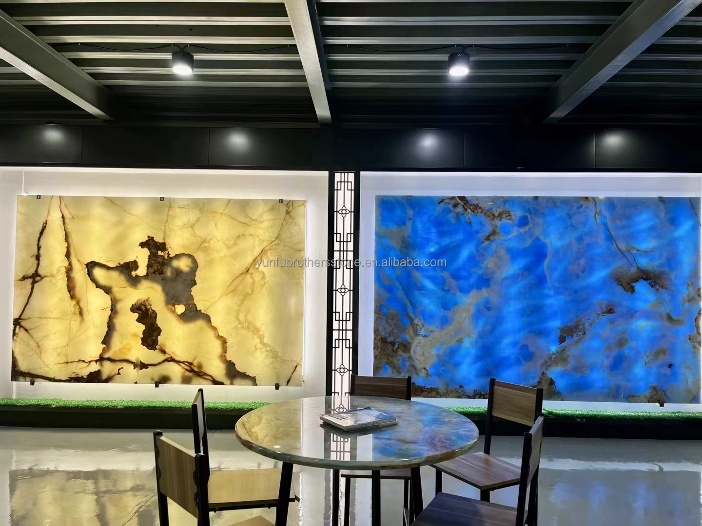 Blue Golden Onyx Stone Slabs Natural Translucent Marble for TV Background Wall Panels