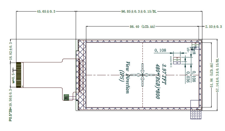 3.97Inch 480x800 450cd/m2 TFT Ips Lcd Screen
