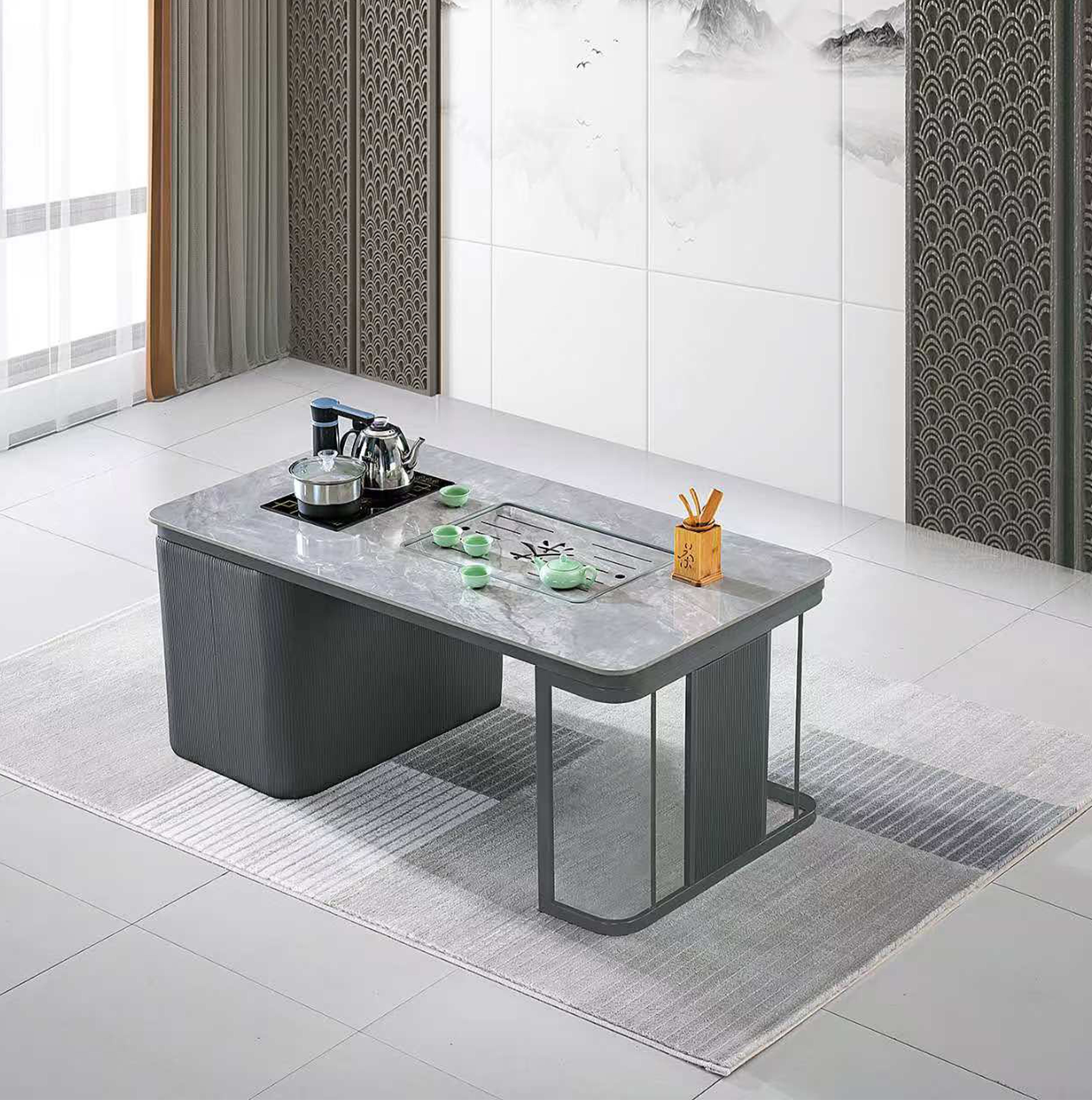 Modern Minimalist Tempered Glass Stainless Steel Fire Stone Fully Automatic Office Coffee Table