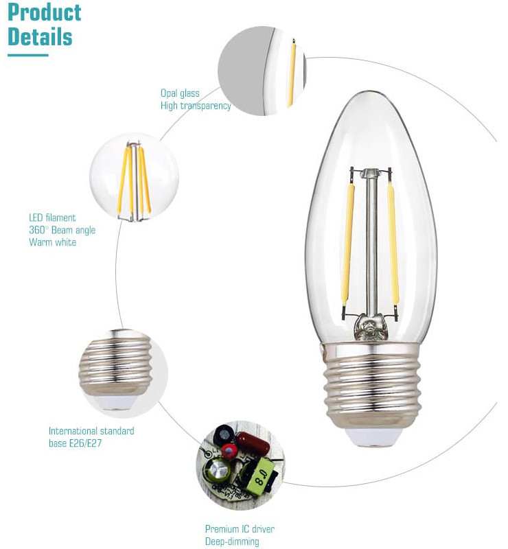 C32 C35 2W LED Filament Bulb E14 E26 E27 Small Screw Candle Bulbs