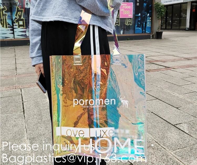 Vinyl Transparent PVC Gusset Bag Plastic Tote Shopping Bag For Packaging TPU Laser Makeup Handbag PVC Cosmetic Shopping