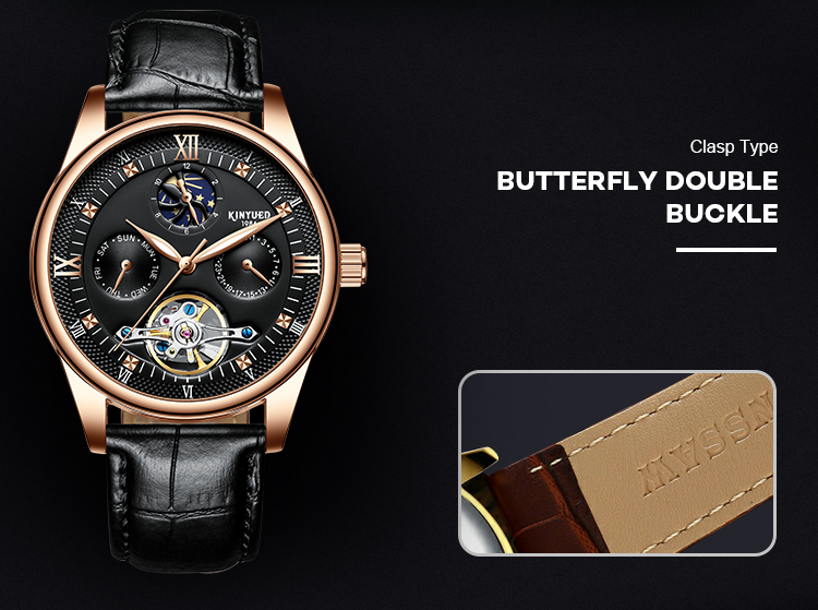 KINYUED genuine leather tourbillon mens automatic watch men moon phase watch men wristwatch