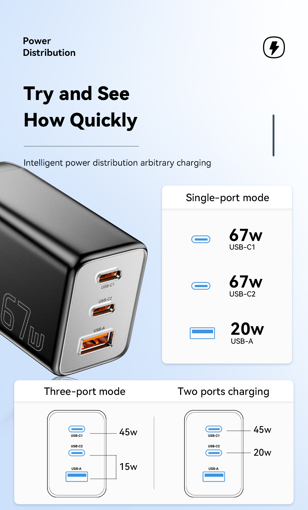 Cell Phone 3 Ports GaN Fast Charger USB C To USB C 67W ESSAGER G671A2CU1 Series