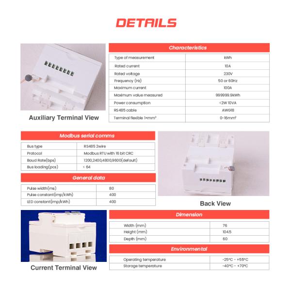 Single Phase RS485 Kilowatt Hour Meter EM415-Mod 230V 10 100 A MID Approved Power Meter