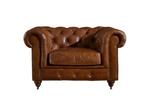 Full Top Grain Leather Chesterfield High Back Wing Chair , Brown Leather High
