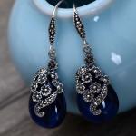 Women Retro Sterling 925 Silver Synthetic Sapphire Marcasite Drop Earrings