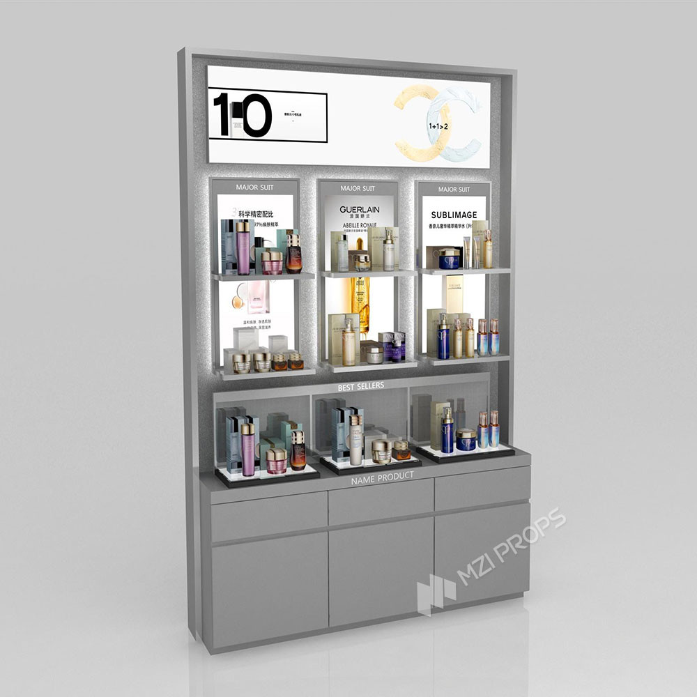 GDR02-BG01 Skincare Display Cabinet with LED Strip Lights and White Glass for Department Stores