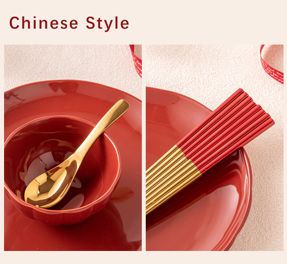 Party Essential Stainless Steel Gold Spoon Set With Red Chopsticks Chinese Style