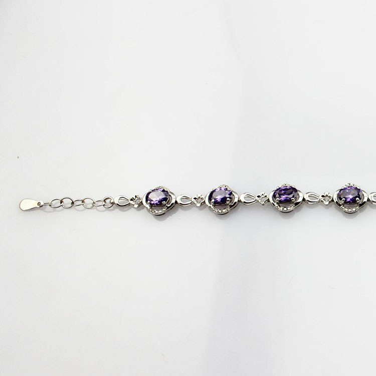 Sterling Silver Link 5x7mm Created Amethyst Cubic Zircon Tennis Bracelet (H08)