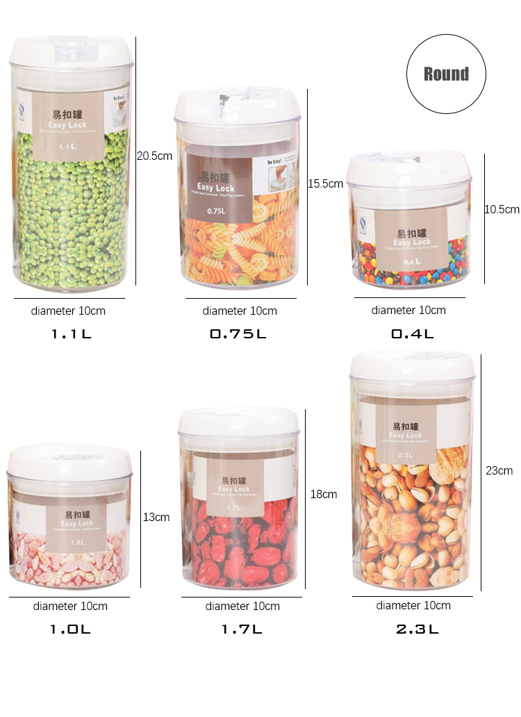 0.5L 0.8L 1.2L Sealed Food Containers PS PP ABS Plastic Kitchen Organizer