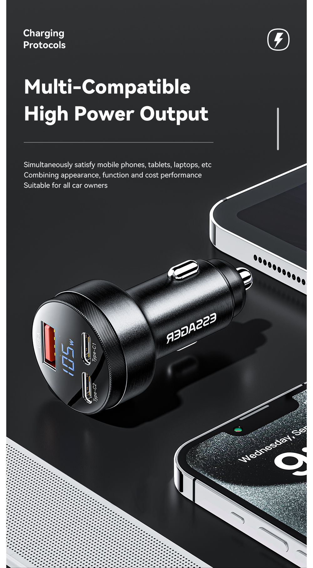 ESSAGER FSJ-008 Series 105W 3 Ports Fast USB Type C Car Charger