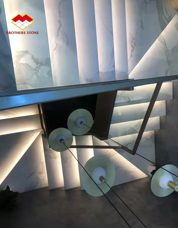 White Black Grey Gold Customized Polished Calacatta Marble Look Porcelain Tile Stairs