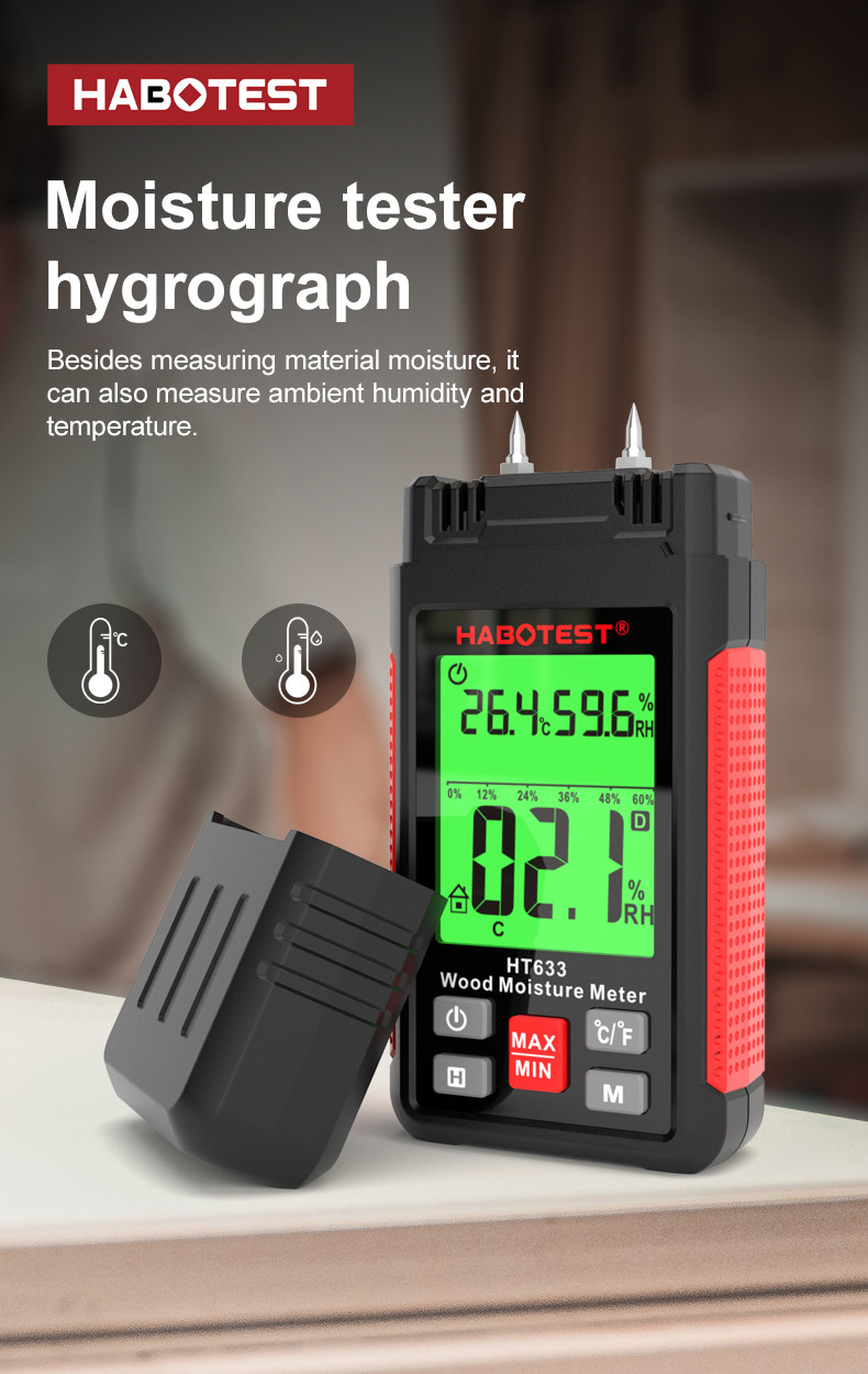 HT633 Wood Moisture Meter Pin Type Digital Moisture Detector Ambient Temperature Humidity with LCD Backlight Display