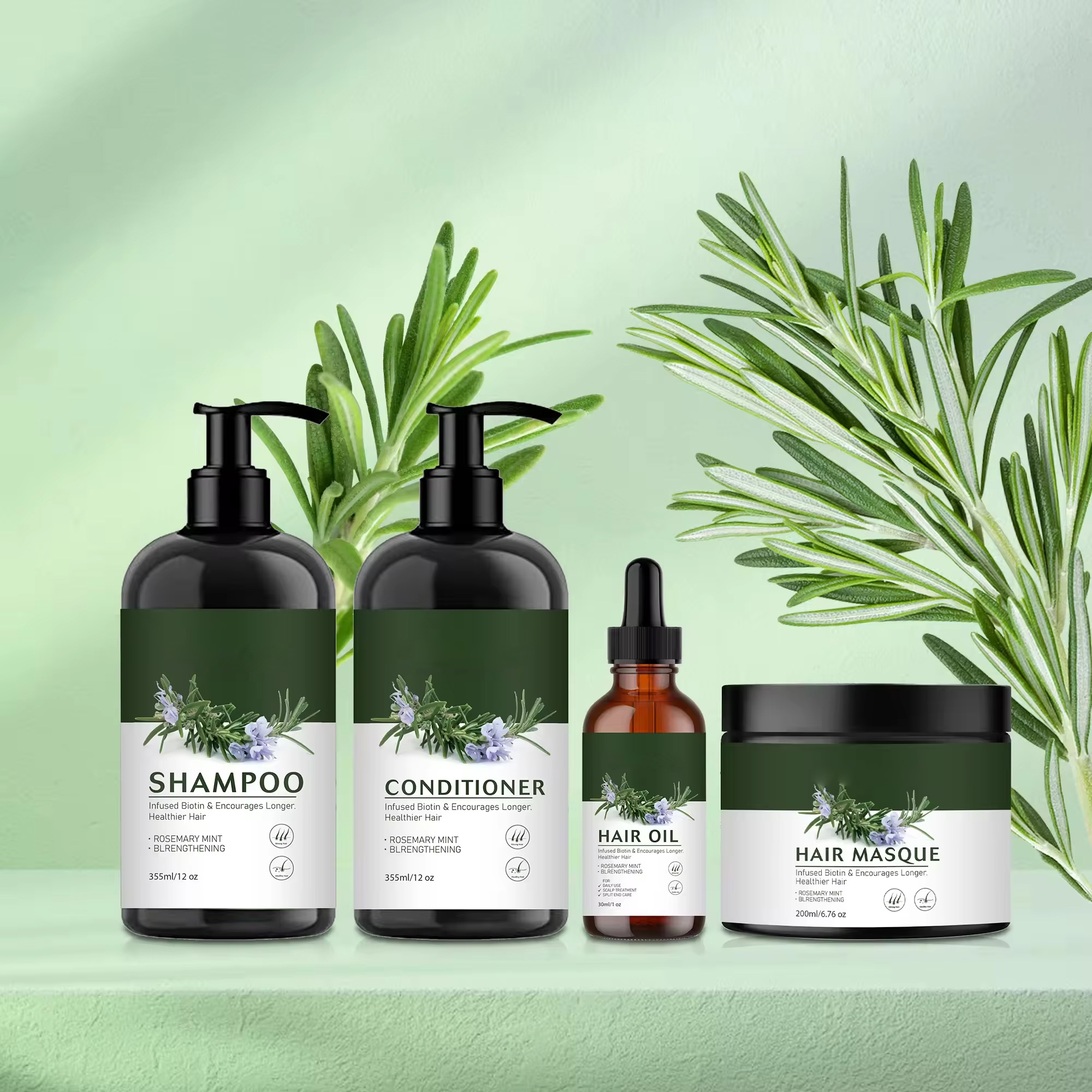 Vegan Hair Care Rosemary Mint Strengthening Oil Control Hair Growth Shampoo Conditioner Hair Oil Masque Mask Set
