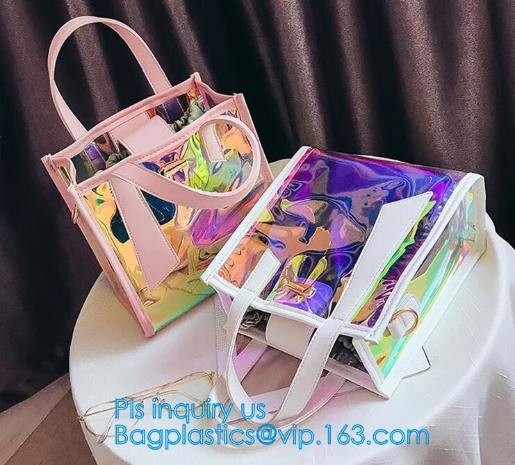 Jelly color laser shoulder bag pvc leather tote bag, Studded Clear Tote/PVC shoulder bag, Fashion Translucent Hologram K