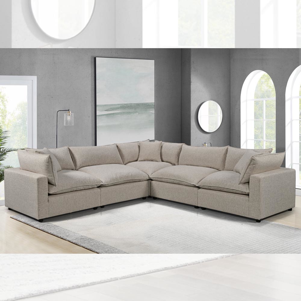 Sectional Modular Sofa with Feather Blend Seat Cushion and Pillows, Gray Linen