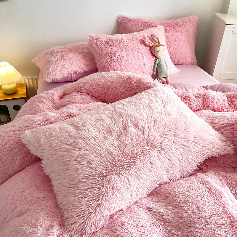 NO Customization Required Morden Luxury Jade Pink Shaggy Warm Mink Velvet Bedding Set