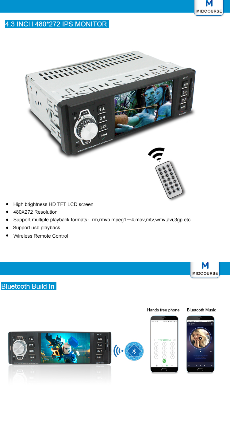 4.1 Inch 1 Din Car Stereo TFT LCD Car MP5 Player With Bluetooth OEM Service