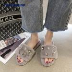Bead Decoration Ladies Fluffy Sliders With PVC Outsole