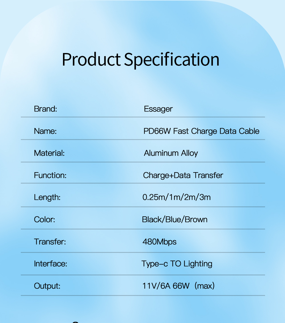 Sunset USB A To C Charging Cable 66W 6A 0.5m 1m 2m 3m USB2.0 480Mbps